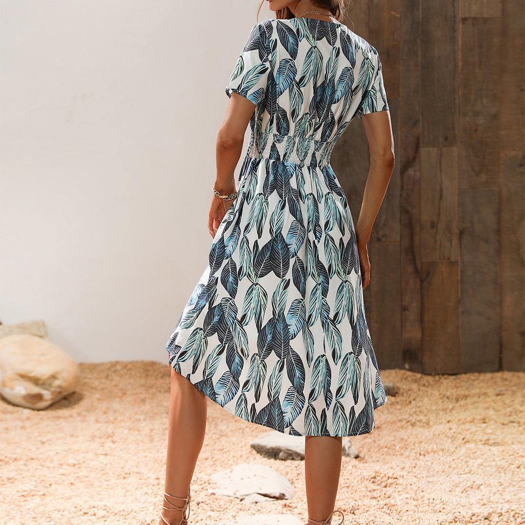 Women's Dresses Casual Small Floral Printed V-Neck Short Sleeve Dresses