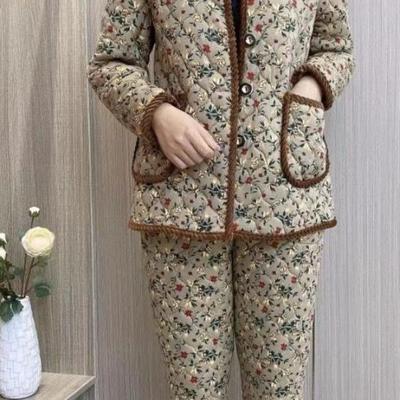 Ensemble Veste en Coton Doublée Polaire à Fleurs pour Maman & Pantalon - Grande Taille Ample pour Femmes d'Âge Moyen & Âgées