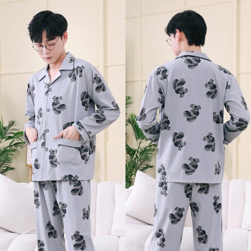 Pajamas Winter Pajamas Mens Long Sleeve Youth Home Clothes 2 Piece Kit Cartoon Bear Black Gray Blue Leisure