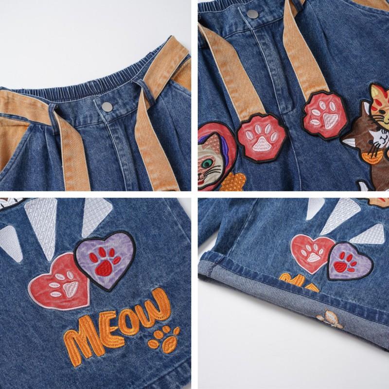 Vintage American Style Cartoon Cat Embroidered Denim Shorts Loose Fit Mid-Length Men Women