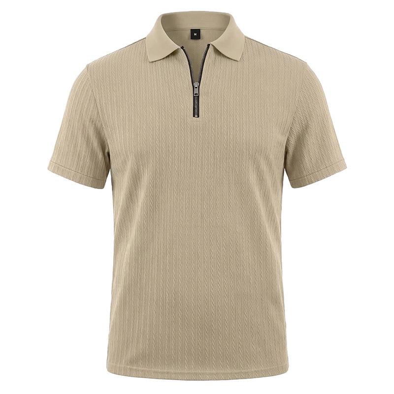 Men Vertical Cable Knit Half Zip Polo Shirt Short Sleeve Solid Slim Fit Casual Top