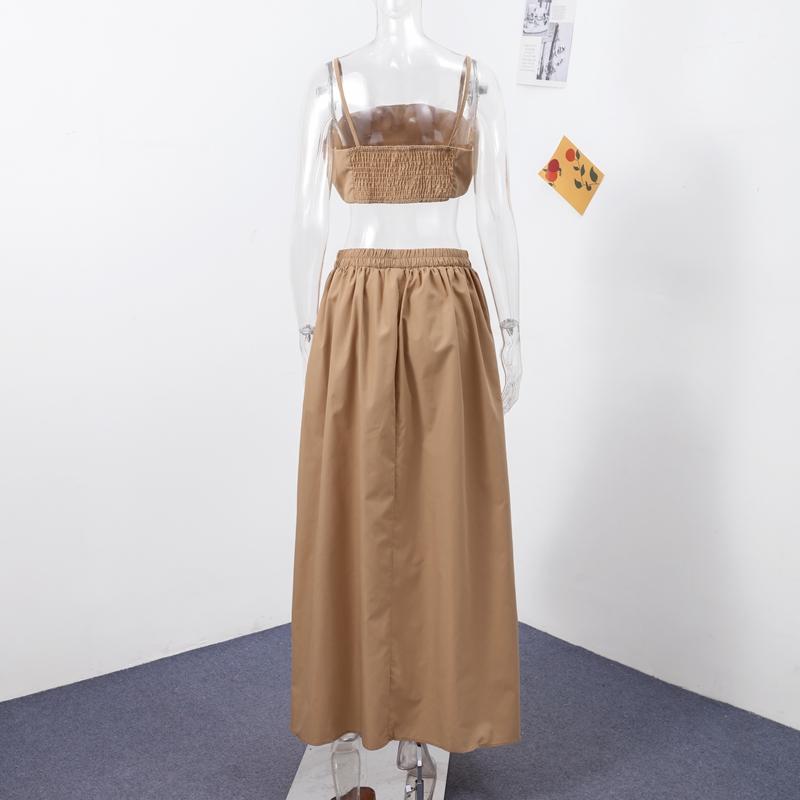 Women Elegant Cotton Camisole Top Casual Skirt Suit 2025 Spring and Summer Fashion Solid Color Sexy Wrapped Vest Long Skirt Set