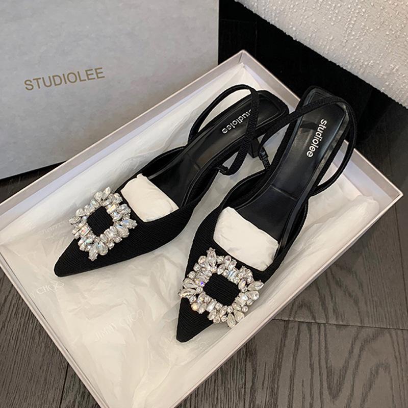 

French pointed high-heeled sandals 2025 summer square buckle rhinestone pointed shallow mouth rear empty thin high-heeled sandals women s summer 34