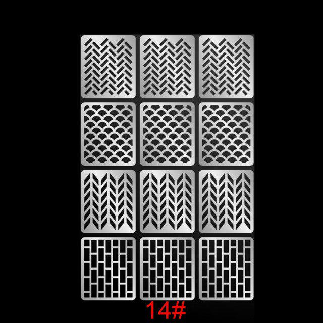 12 tipů/list DIY vinylové šablony na nehty 24 stylů Laserové stříbrné samolepky na nehty Šablona razítka Manikúra Vzor nástroje