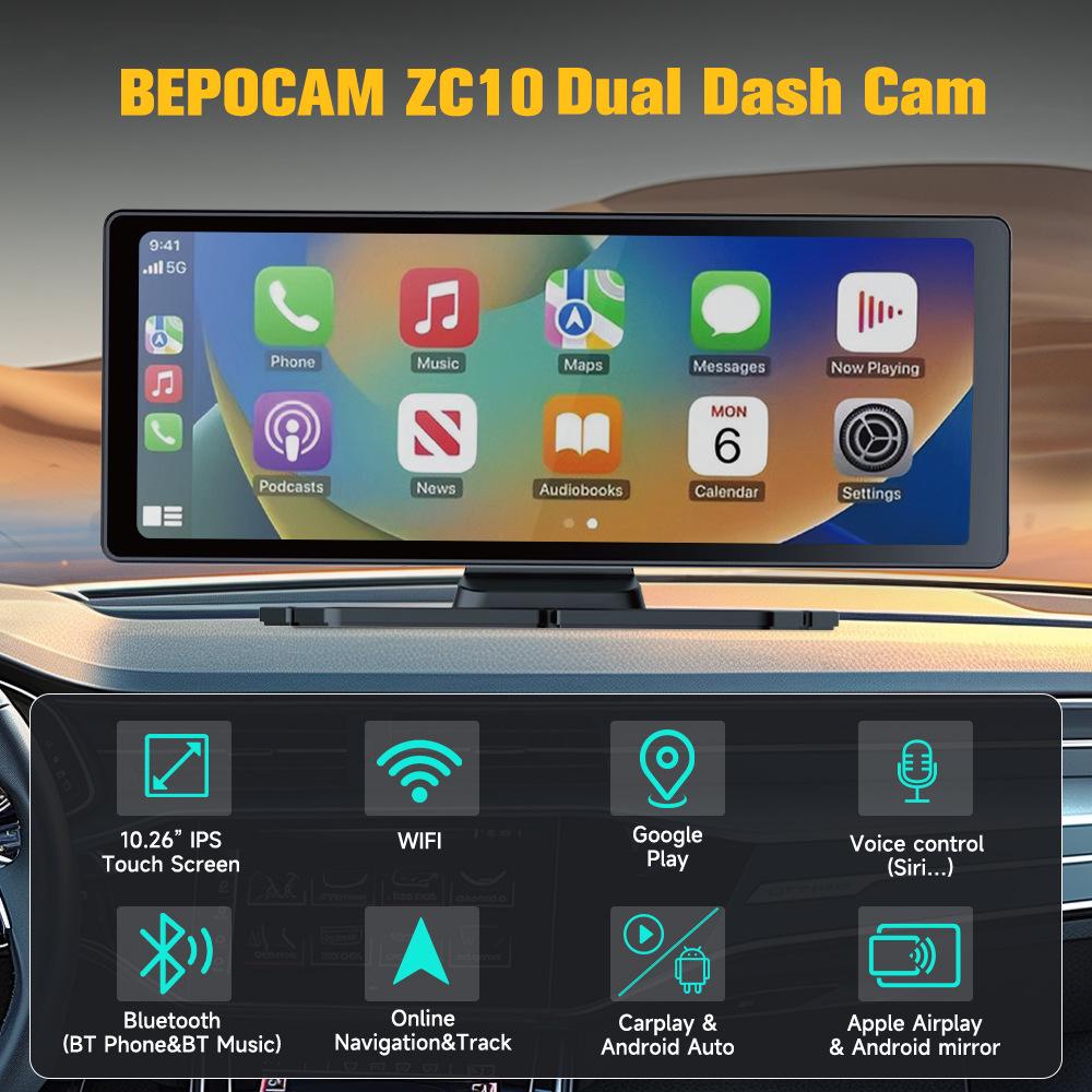 10.26-Inch WiFi Wireless CarPlay Dash Cam with Night Vision & Navigation
