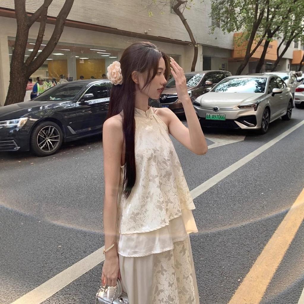 New Chinese Style Cheongsam, Cold Sense Zen Wear, a Complete Set of Neck Tops + Half-body Skirt Suit for Women