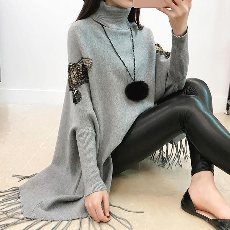 Acheter Pull à franges à col roulé pour femme, mi-long, Version