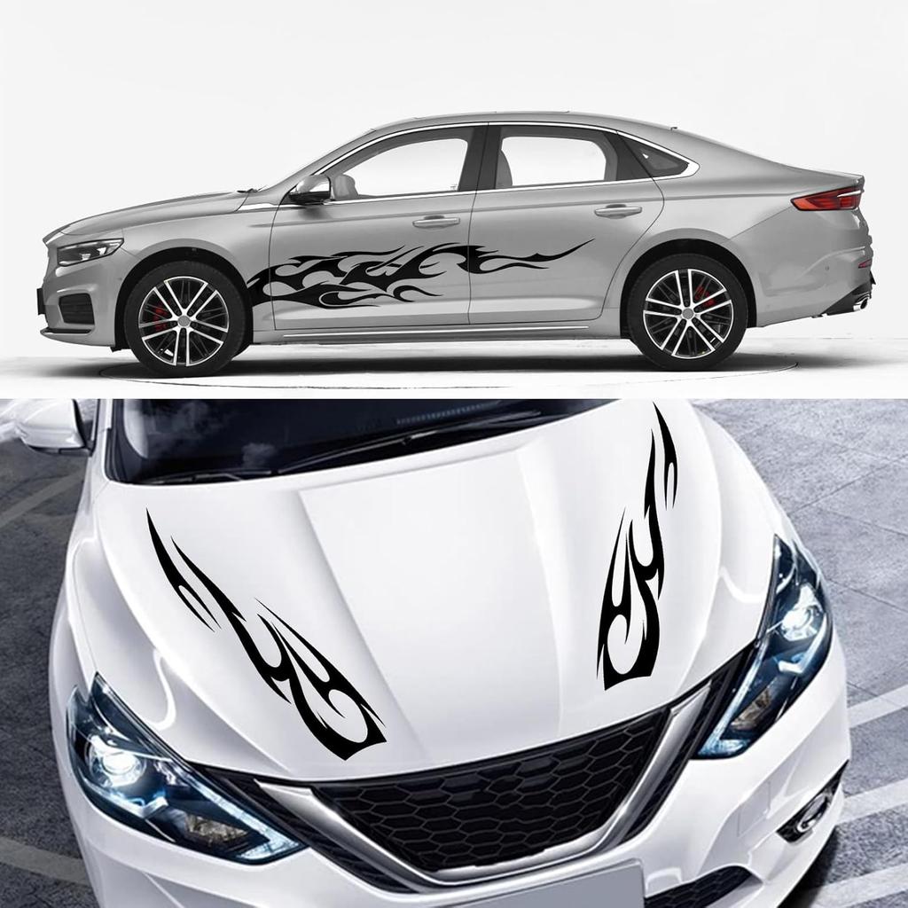 RUIANTE 4PCS Universal Racing Body Side Stripe Skirt Decals, Auto Hood & Sides Door Decoration Flame Pattern Graphics Vinyl Sticker For All Cars,