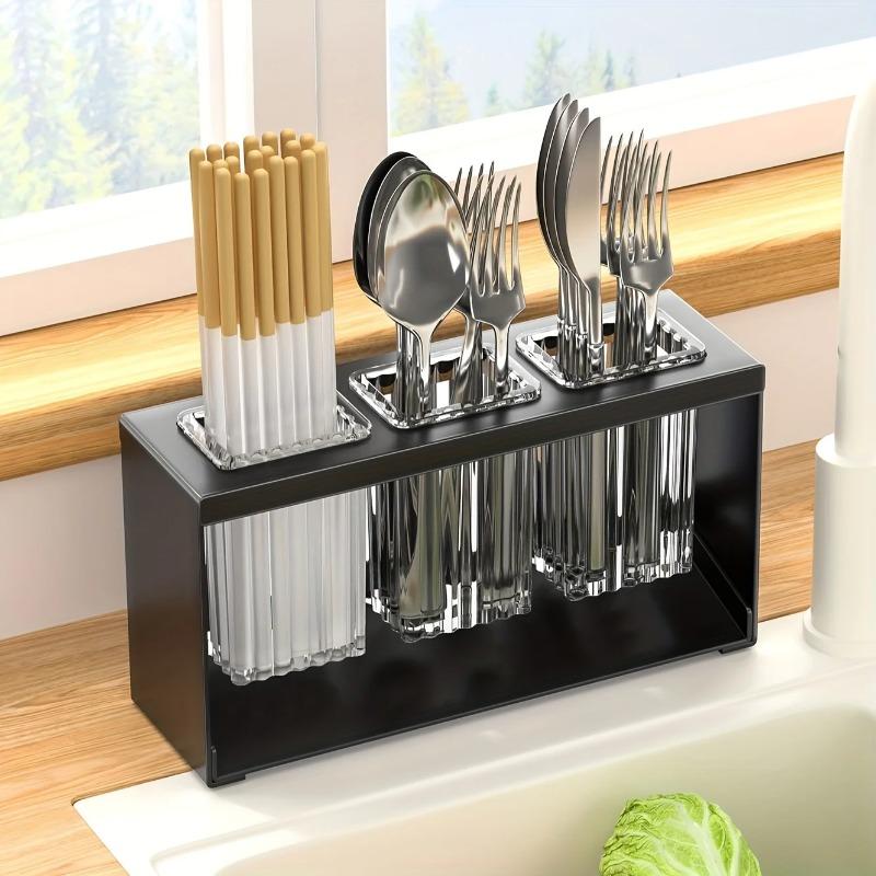 Multi Functional Independent Drain Storage Rack Kitchen Tabletop Knife Fork Rack Household Tableware Carbon Steel Storage Shelf