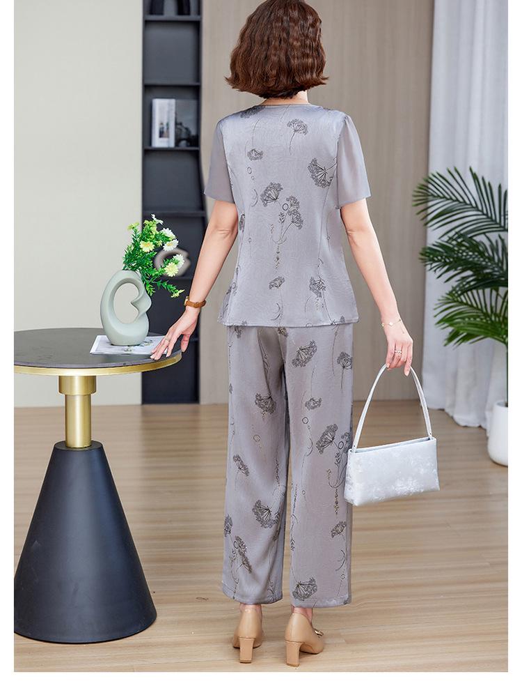 Elegante conjunto de verano de chifón de dos piezas para mamá – Manga corta, talla grande, para mujeres de mediana edad y mayores.