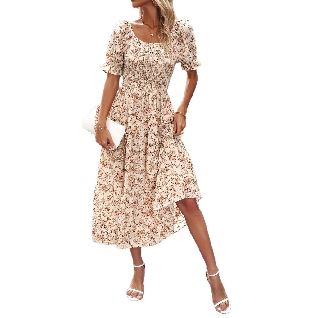 European and American Square Collar Bubble Sleeve Floral Dress Vacation French Retro Waist Pendulum Medium and Long Dress