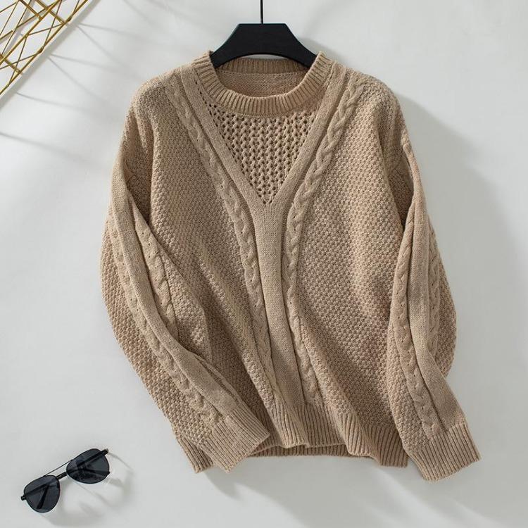 

Autumn Winter Vintage Pullover O Neck Loose Knitwear Long Sleeve Solid Color Top Sweater S хаки