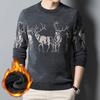 Herbst und Winter Hirsch Jacquard Rundhalspullover Herren Integriertes Fleece Lässiger Strickpullover