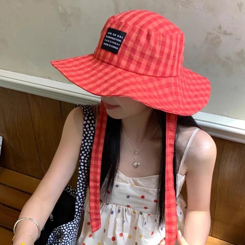 Ins Popular Niche Retro Plaid Strap Bucket Hat Spring Summer Travel Versatile Fashion Wide Brim Sun Protection Women'S Sun Caps