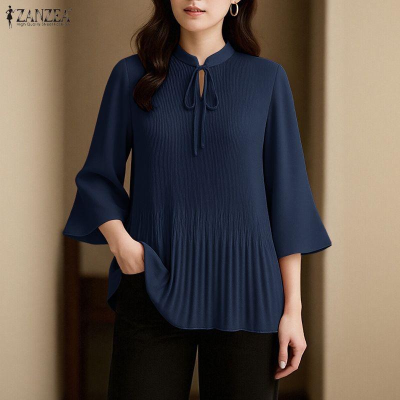 ZANZEA Women Casual Round Neck Solid Color 3/4 Sleeve Loose Blouse