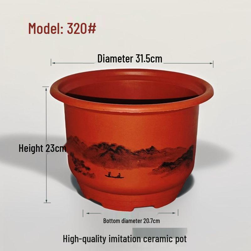 Imitation Ceramic Round Flower Pot, Brick Red Frosted Resin, Realistic Classical Landscape Style