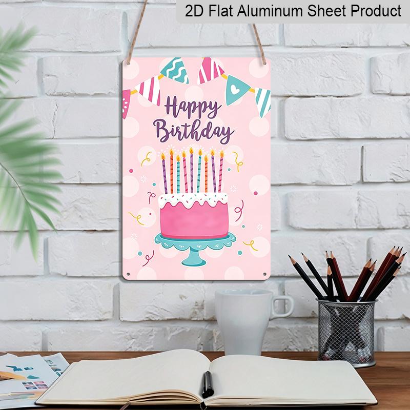 2D Flat, 1pc Pink "Happy Birthday" Cake Metal Wall Art Sign - 8*12 Inch Aluminium Cute Birthday Party Decor, Colorful Candle & Banner Plaque, Perfect