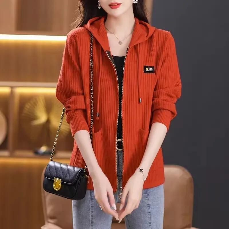 Women's Fall Short Pocket Cardigan Knitted Jacket Middle Aged Loose Hooded Jacket