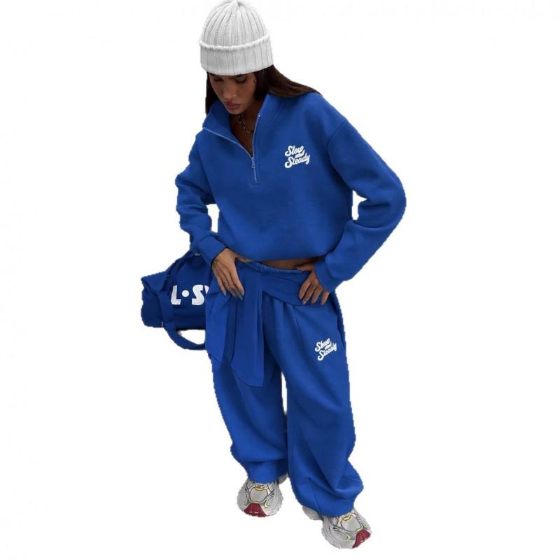 Damen Vintage Sportlicher Halbreißverschluss Hoodie Gerade Hosen Schweißhosen Set Streetwear 2-teilig