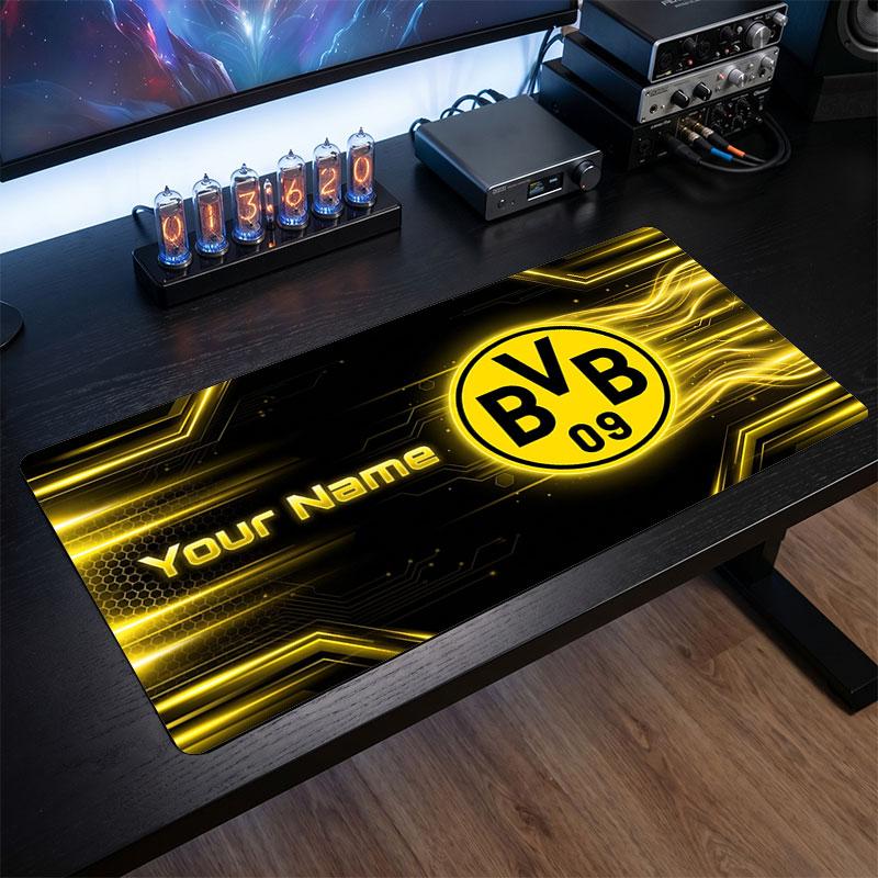 Tappetino per Mouse Grande Personalizzato Borussia Dortmund, Stampa Testo Nome Personalizzato, Tappetino da Scrivania Antiscivolo con Logo Calcio, Regalo per Gamer
