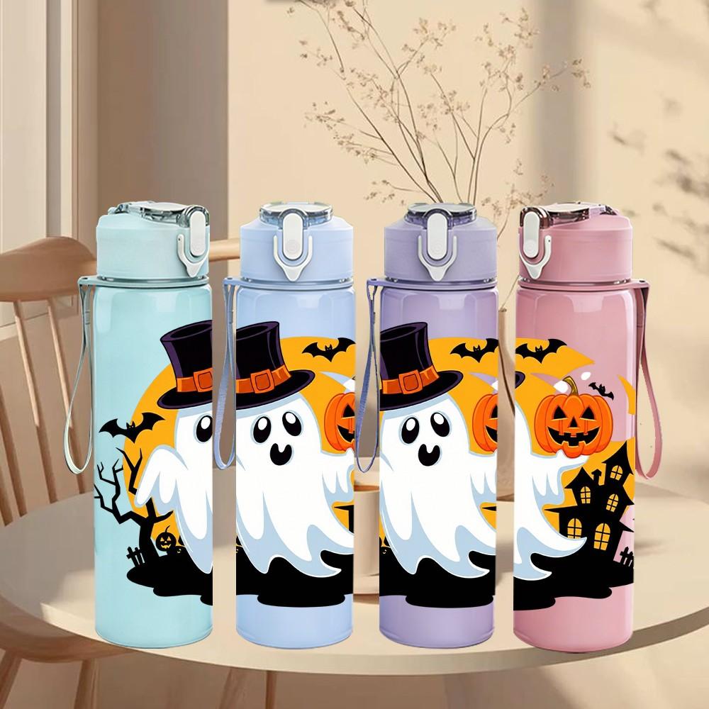 1PC Spooky Ghost Halloween Theme 750ml Color Plastic Sports Water Bottle Leakproof Flip Straw Lid Suitable for Sports Office Home Use