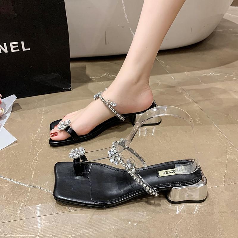 Women Slippers Casual Mules Square Mid Heels Round Toe Women Shoes Bright Crystal Flower Summer Slippers Plus Size