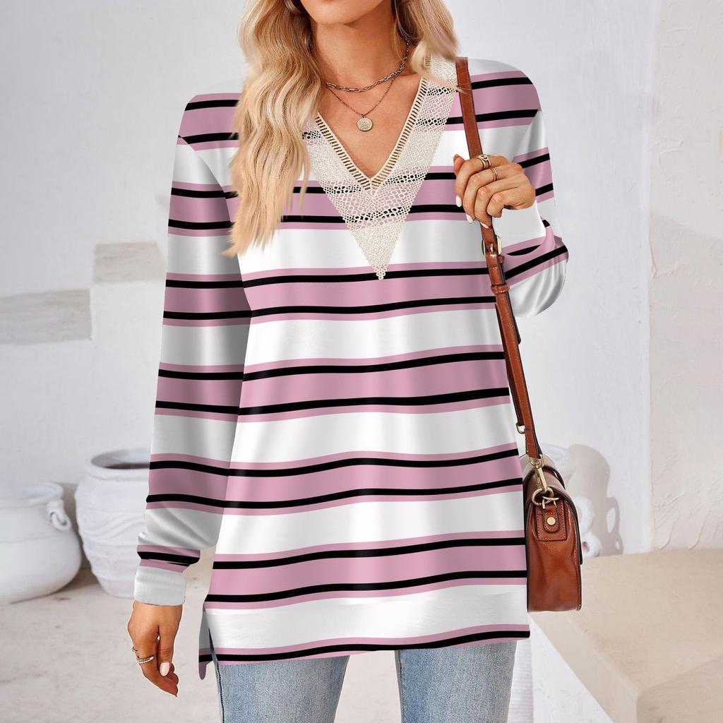 Womens Tops Loose V-neck Contrast Color Split Loose Long Sleeve T-shirt Women's Tops