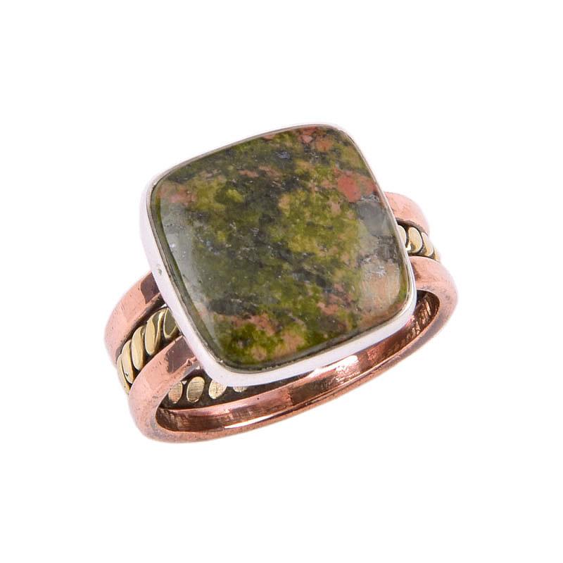 Natural Unakite Gemstone 925 Solid Sterling Silver TwoTone Gift Ring S.7 E9M98