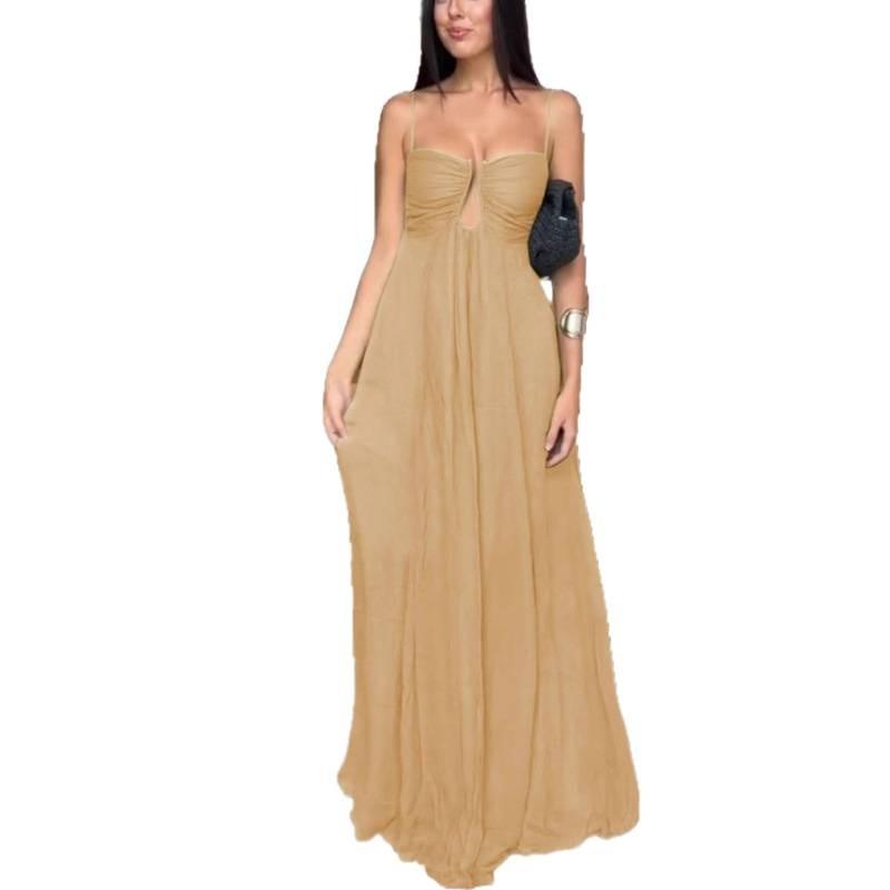 High-Waisted V-Neck Sleeveless Maxi Dress With Flared Skirt Solid Color Resort Wear 2025