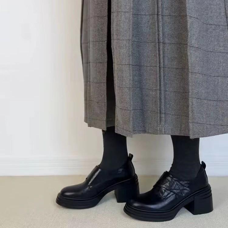 Sheepskin Version~ Retro Leather Velcro Thick Heel Small Leather Shoes Women's 2025 New High-heeled Loafers Round Head Single Shoes