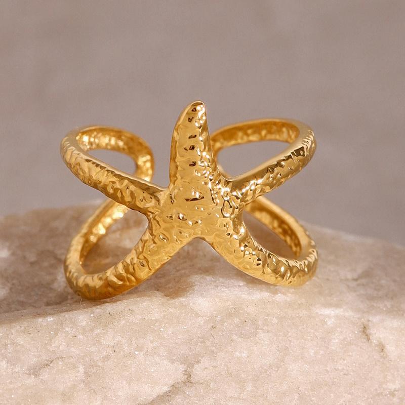 Stainless Steel Starfish Open Rings For Women Men Fashion Golden Color Irregular Textured Starfish Adjustable Ring Jewelry Gift