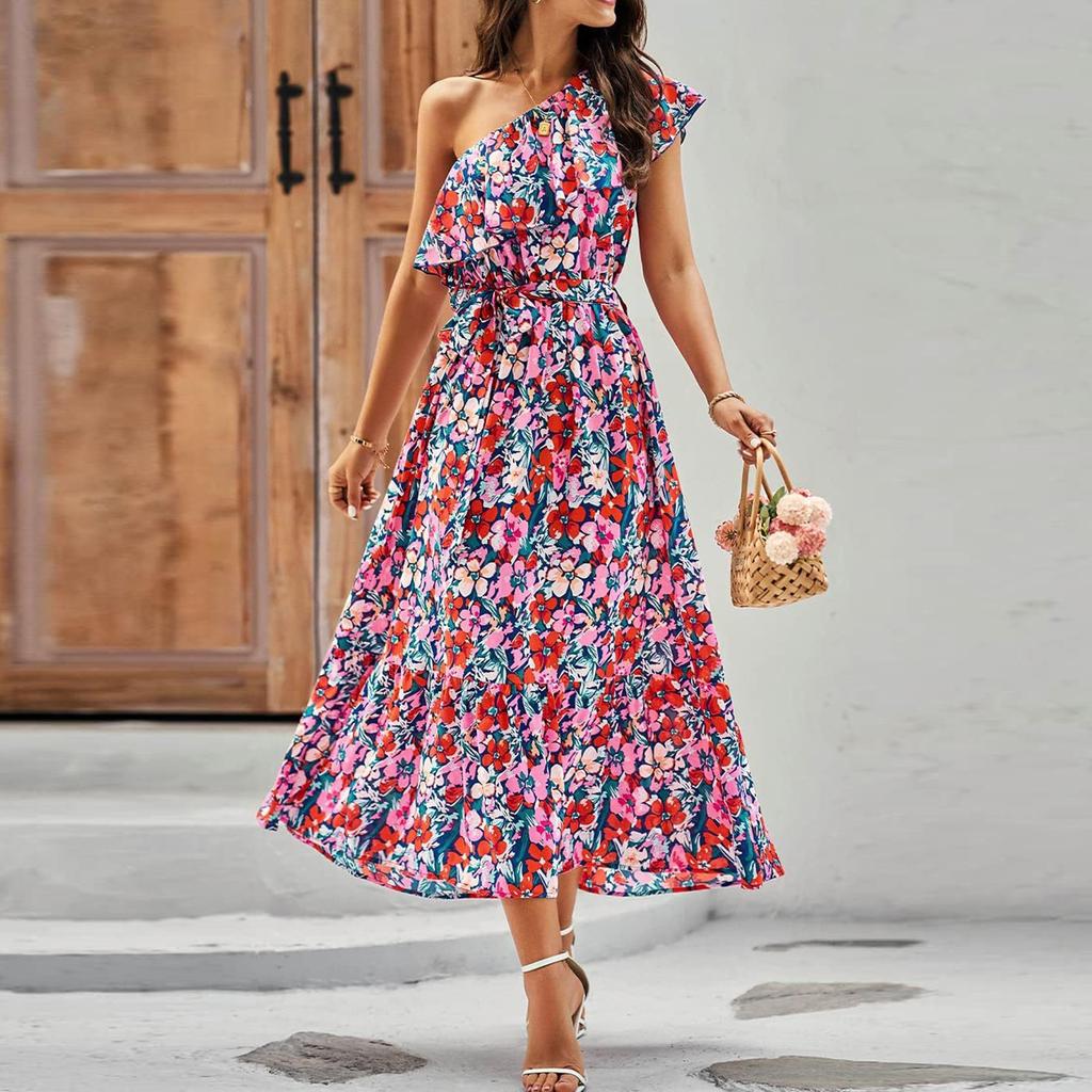Women's Fashionable Slanted Shoulder Lace Waist Cinched Floral Print Pullover Dress
