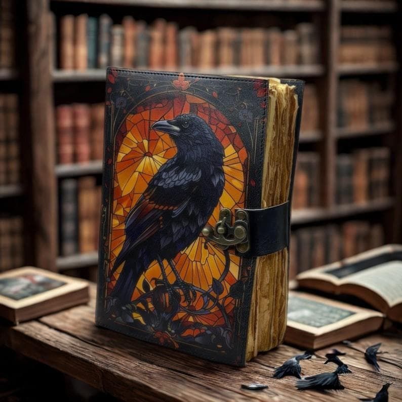 Grimoire Leather Journal, Gothic Notebook Crow Spell Book of Shadows, Vintage Witch Diary Gift for Women, Halloween Gifts