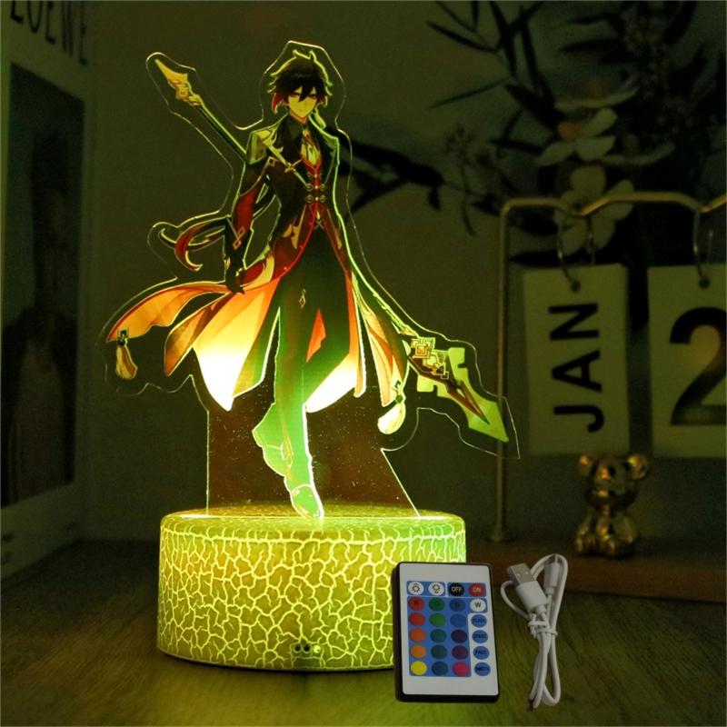 Genshin Impact 3D Lamp LED Night Light Anime Figures Zhongli Raiden Shogun Remote RGB Dream Colors Kids Bedroom Home Decor Gifts