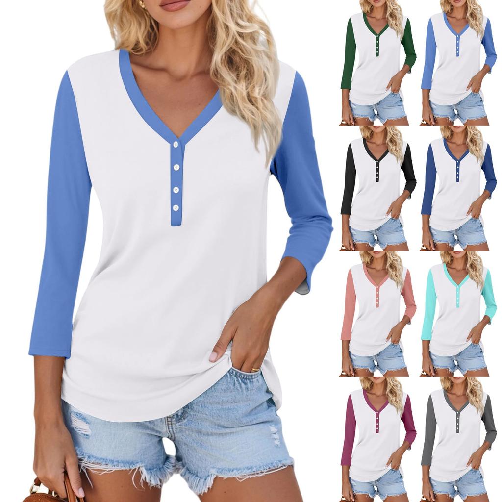 Women's Casual Fashion Sexy Comfortable V-neck Button Stitching Color Three-quarter Sleeve Top