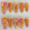 24Pcs 3D Green Ripple Design False Nails Cat's Eye French Almond Fake Nail Tips Leaves Pattern Removable Oval Press on Nails