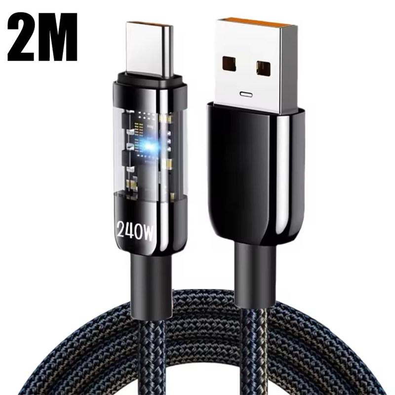 240W 10A Quick Charging USB C Cable Nylon Braided Transparent Type C High-speed Charger Wire for Samsung Huawei Mi Data Line