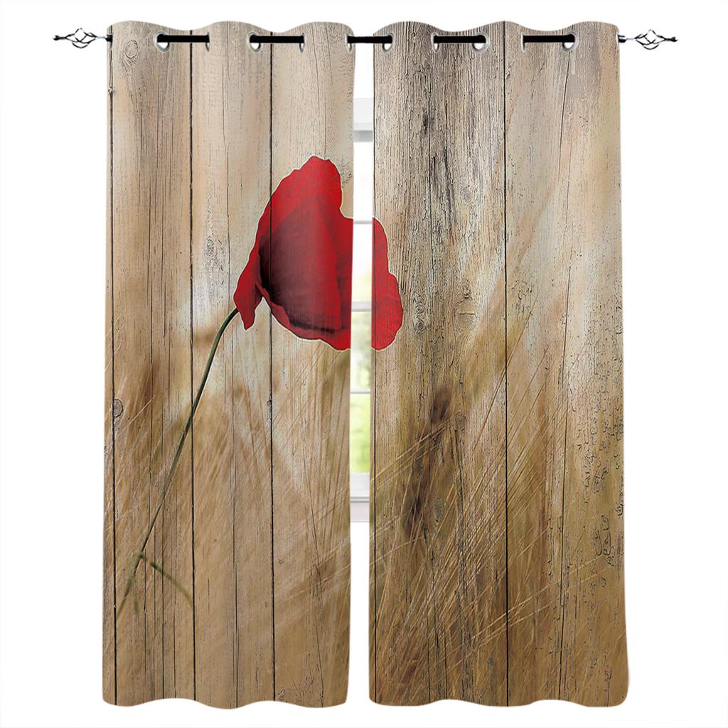Red Flower Ink Painting Curtains 2 Panels With Valance Hook Floral Living Room Kids Kitchen Indoor Decor