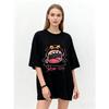 Oversized T Shirt Black Cartoon Character With Open Mouth And Dear Text Graphic Print Casual Streetwear For Women