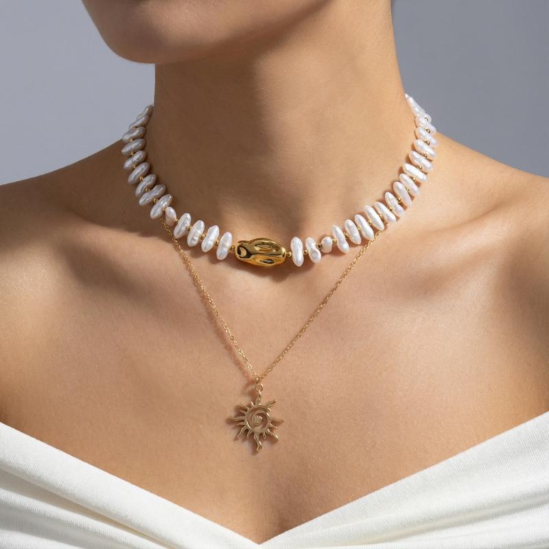 

#Baroque Irregular Imitation Pearl Sun Pendant Stackable Necklace For Women Men Elegant Sunflower Clavicle Chain Choker Jewelry