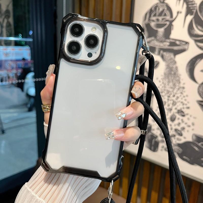 Lanyard Transparent Case For iPhone 15 Pro 14 13 12 11 Pro Max XR X XS Plus Crossbody Cord Four Corners Strap Shockproof Cover