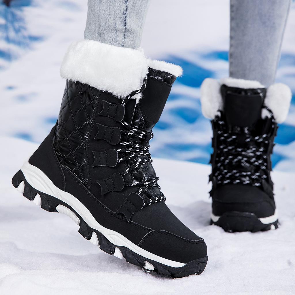 Fashion High-top Boots Women's Fur-lined Snow Boots Warm Cotton Shoes Winter Outdoor Hiking Sneakers Plush Walking Shoes