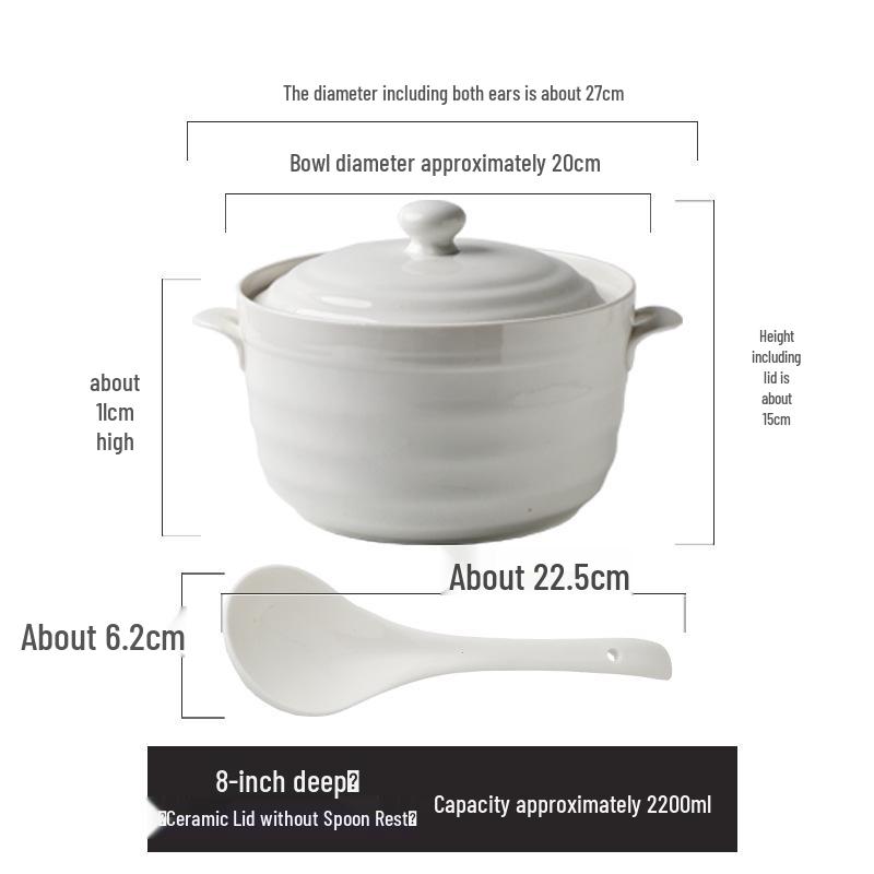 Double Ear Ceramic Soup Bowl Set with Lid - Microwave Safe, Includes Large Spoon and Tureen, Pure White, Creative Design (8 Bowls)
