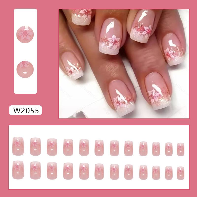 

Gradual change French fine glitter sweet pink flower ins wind removable manicure 24 pieces press on nails