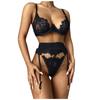 3PC Flower Lace Women Sexy Lingerie Wireless Bra + Thong + Gareter Pajamas Set