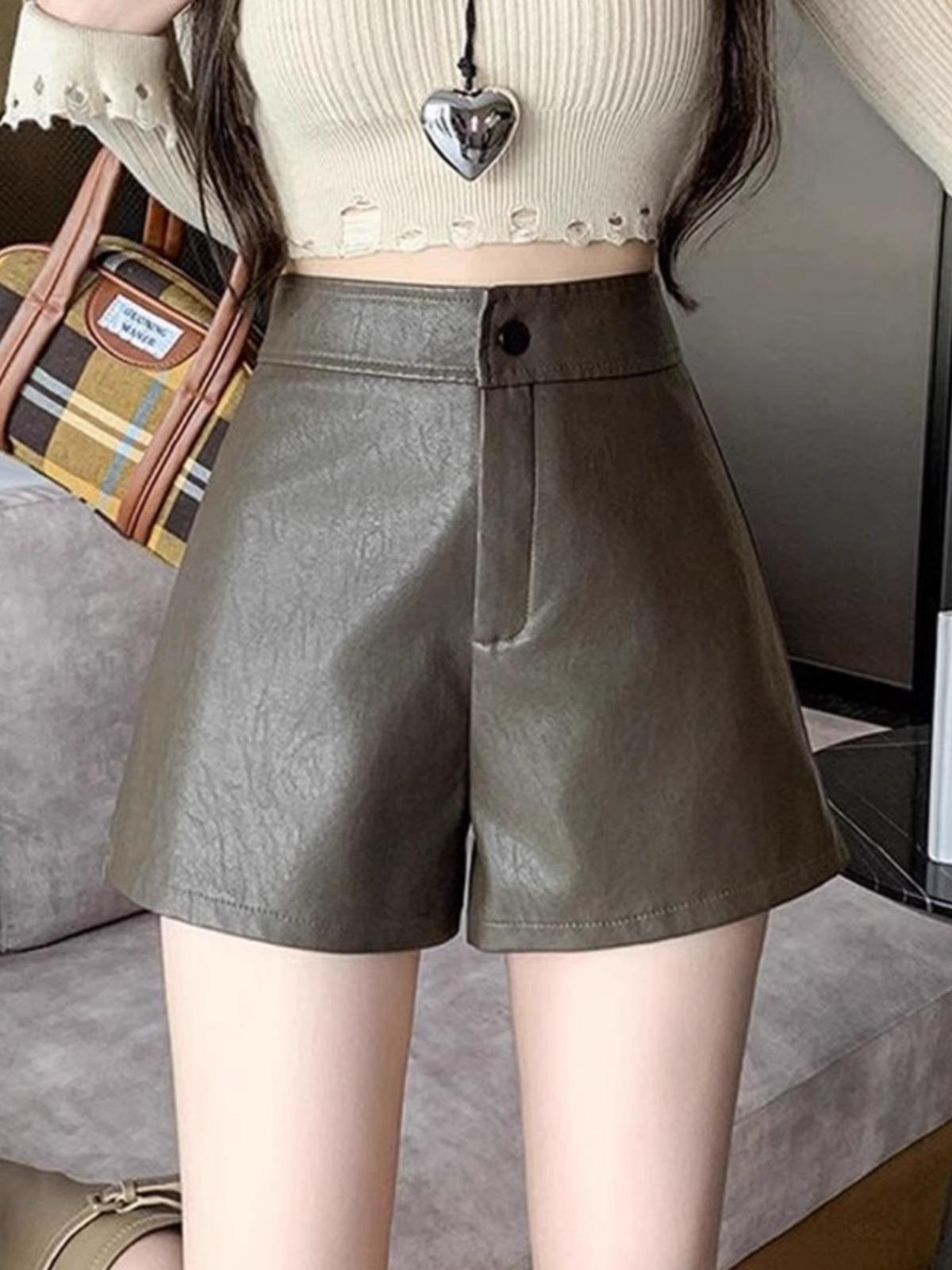 

Женские брюки из ПУ кожи кофейного цвета: Осень/Зима 2023 Шорты с высокой талией, приталенные, повседневные, клеш от колена для миниатюрных горячих девушек S кофейный