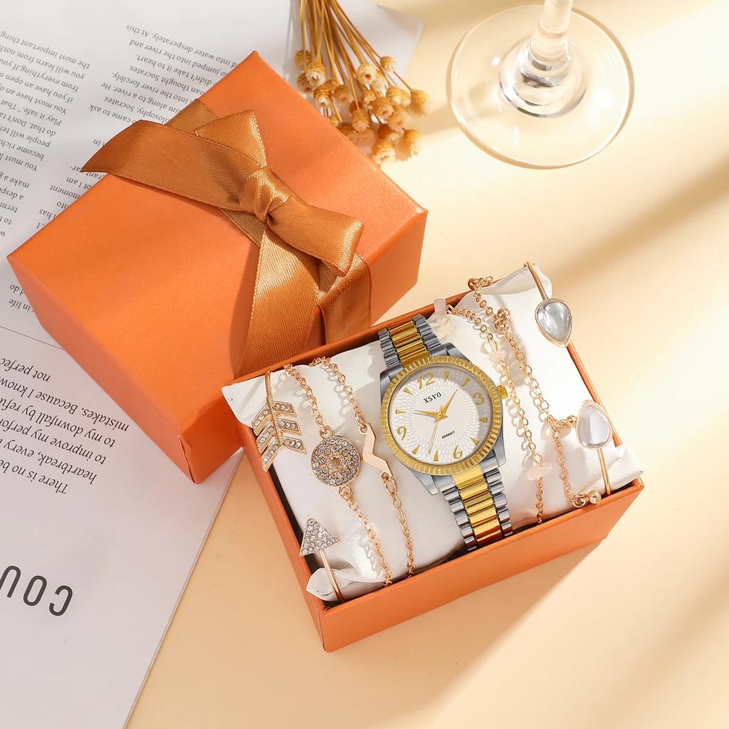 Fashion Round Dial Alloy Material Women's Quartz Watch Bracelet Set of 7, Suitable for Christmas and Thanksgiving Gifts