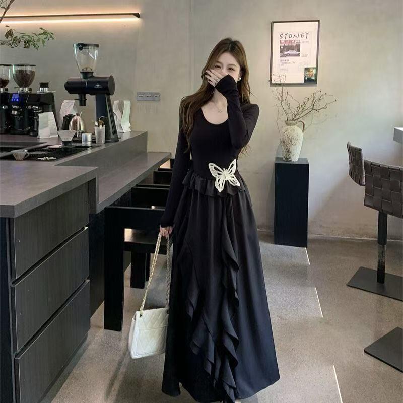 Elegant Butterfly Print Ruffle Dress for Spring and Autumn