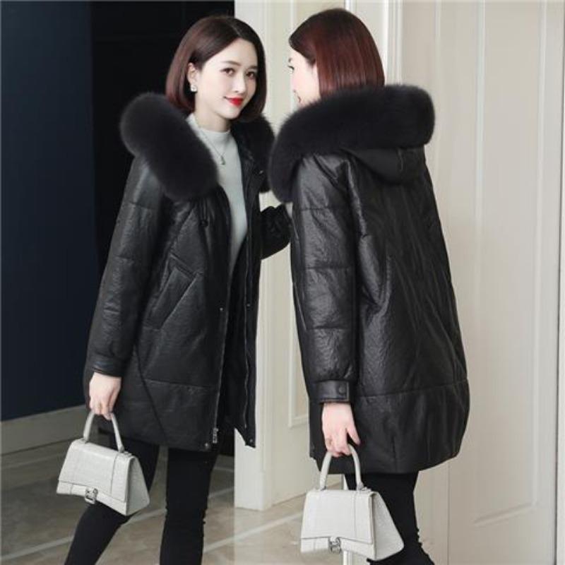 Pu Leather Down Cotton Clothes Women's Winter New Hooded Casual Version Stone Pattern Imitation Sheepskin Jacket Medium and Long