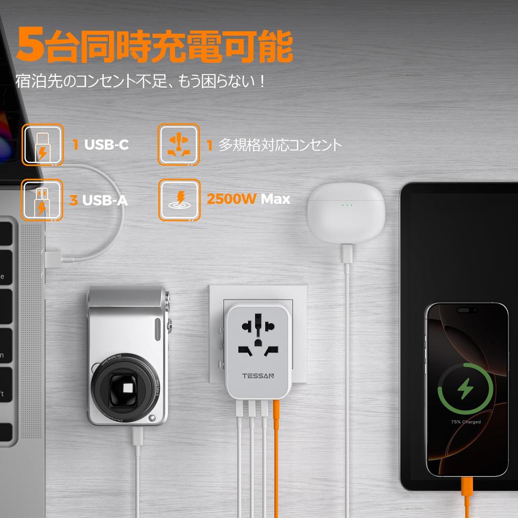 TESSAN International Adapter Plug, Worldwide Compatible, ABFOC Type Outlet Converter with 3 USB-A and 1 USB-C Ports, Compatible with Europe, Korea,